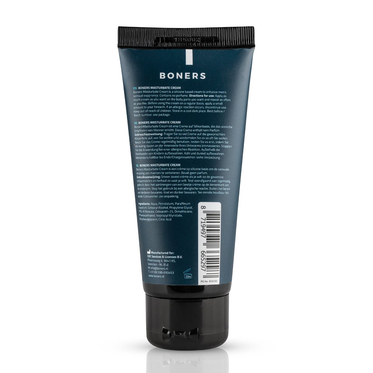 achterzijde van de boners mastrubatie creme tube met de gebruiksaanwijzing