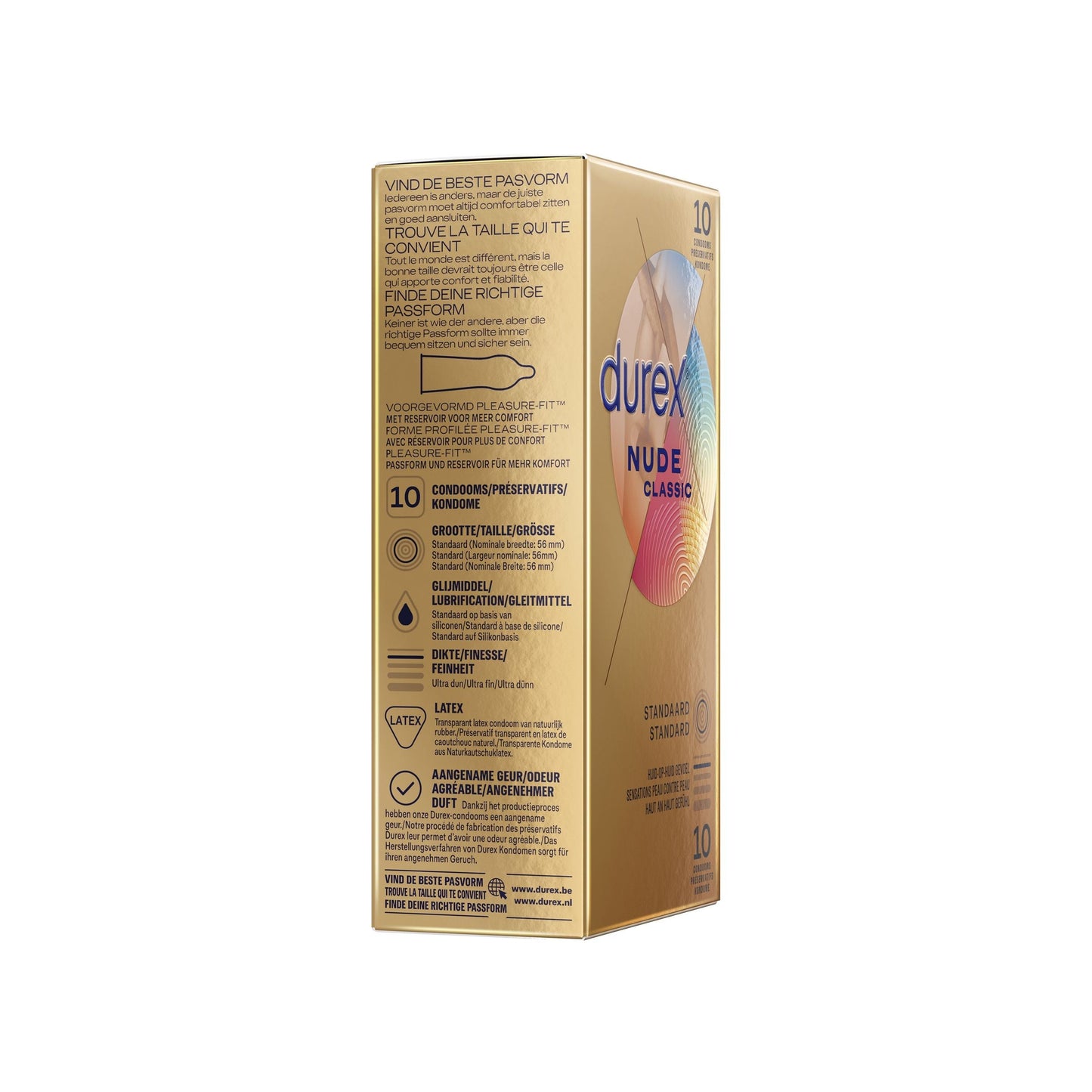zijkant van de durex nude classic condooms verpakking met informatie over de condooms 