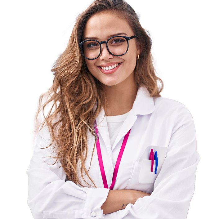 een vrouwelijk personage met een dokters jas 